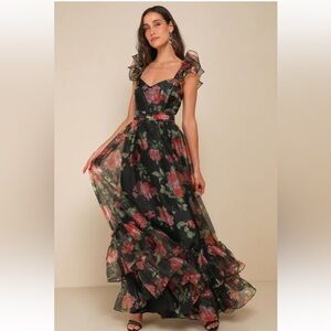 Lulus Befitting Glamour Black Floral Organza Ruffled Tiered Maxi Dress - Medium